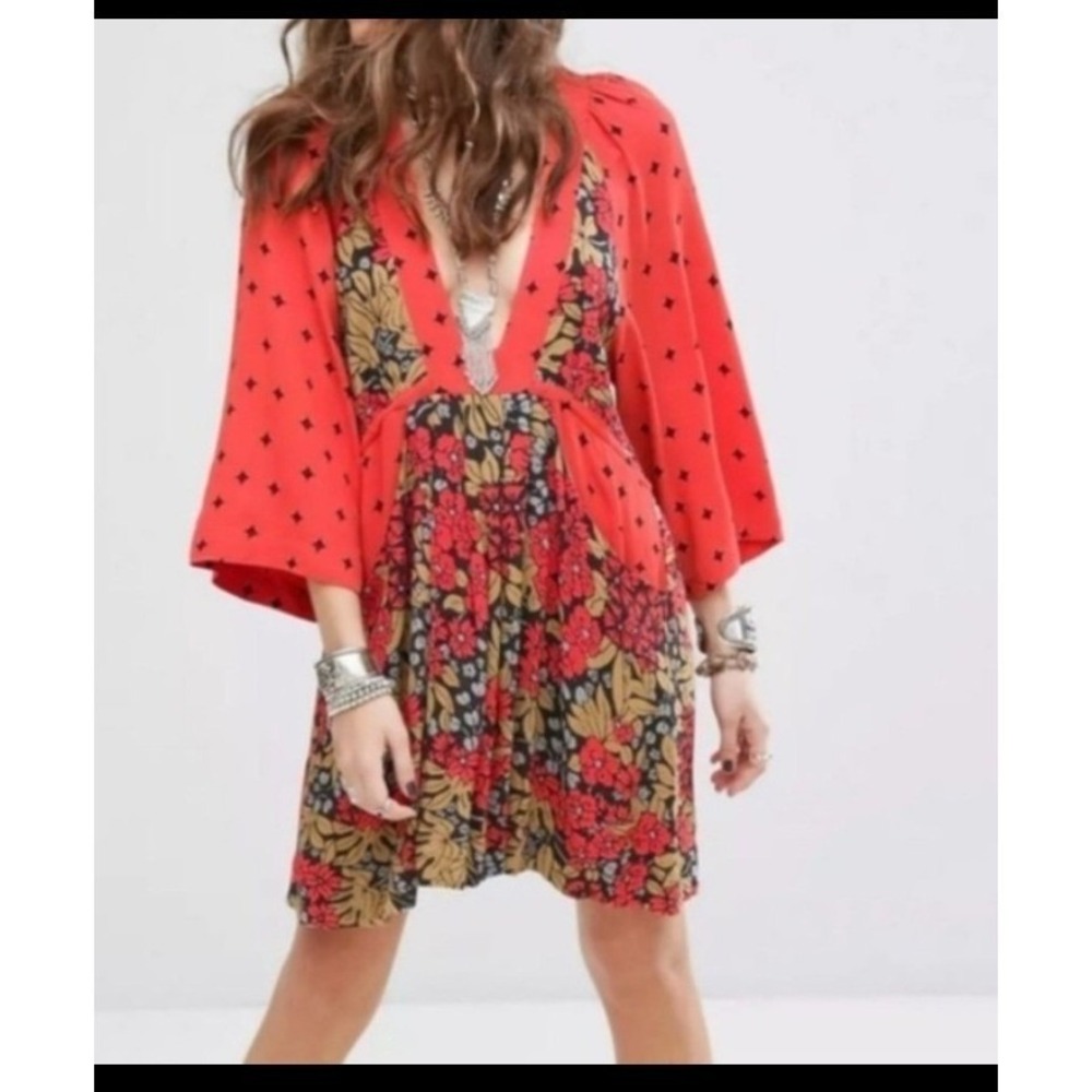 Free People Mixed Print Floral Mini Dress Coral Red Boho Kimono Sleeve OB486672